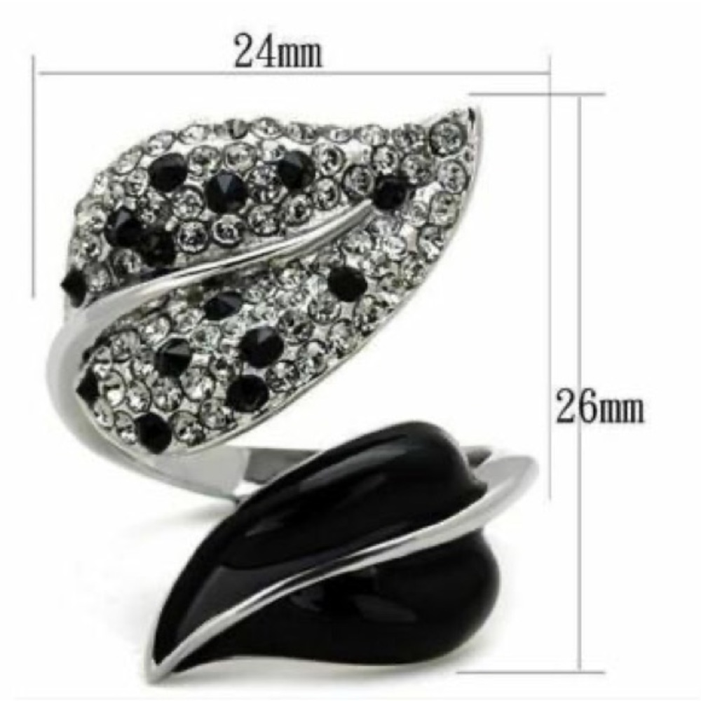 STAINLESS STEEL Black & Clear Crystals Leaf Ring - Picture 15 of 15
